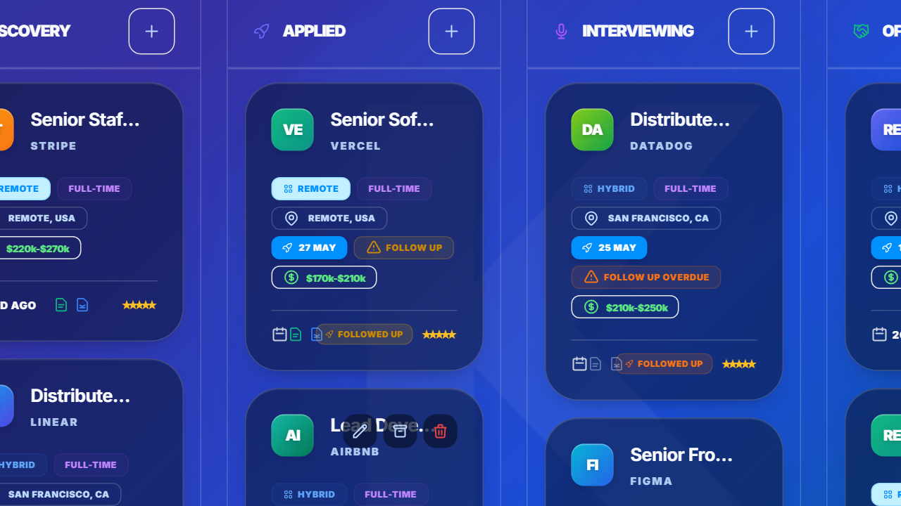 Close-up of the NextOrbit pipeline — roles across discovery, applied, and interviewing stages.