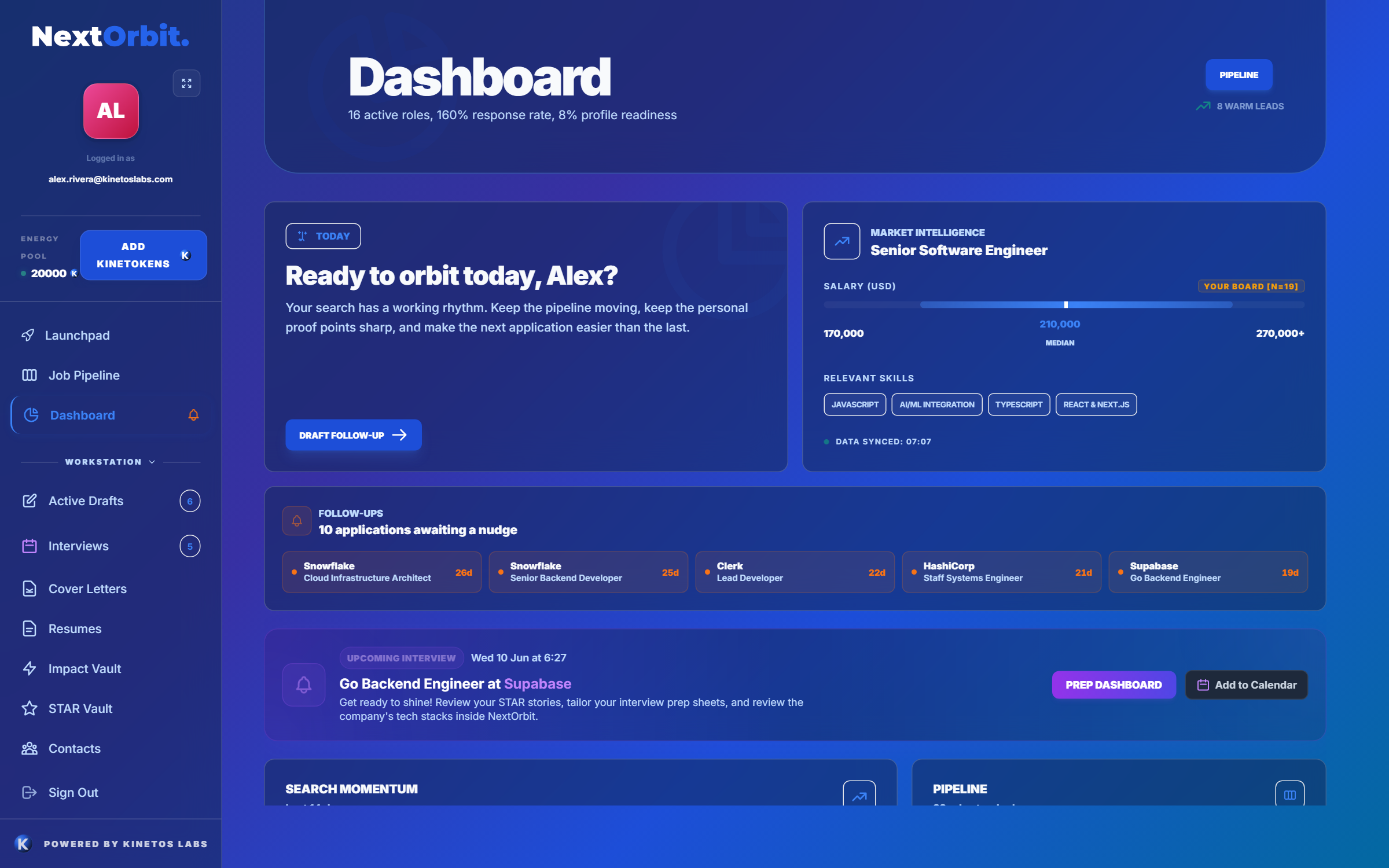 NextOrbit dashboard showing job search momentum, active roles, and next actions.