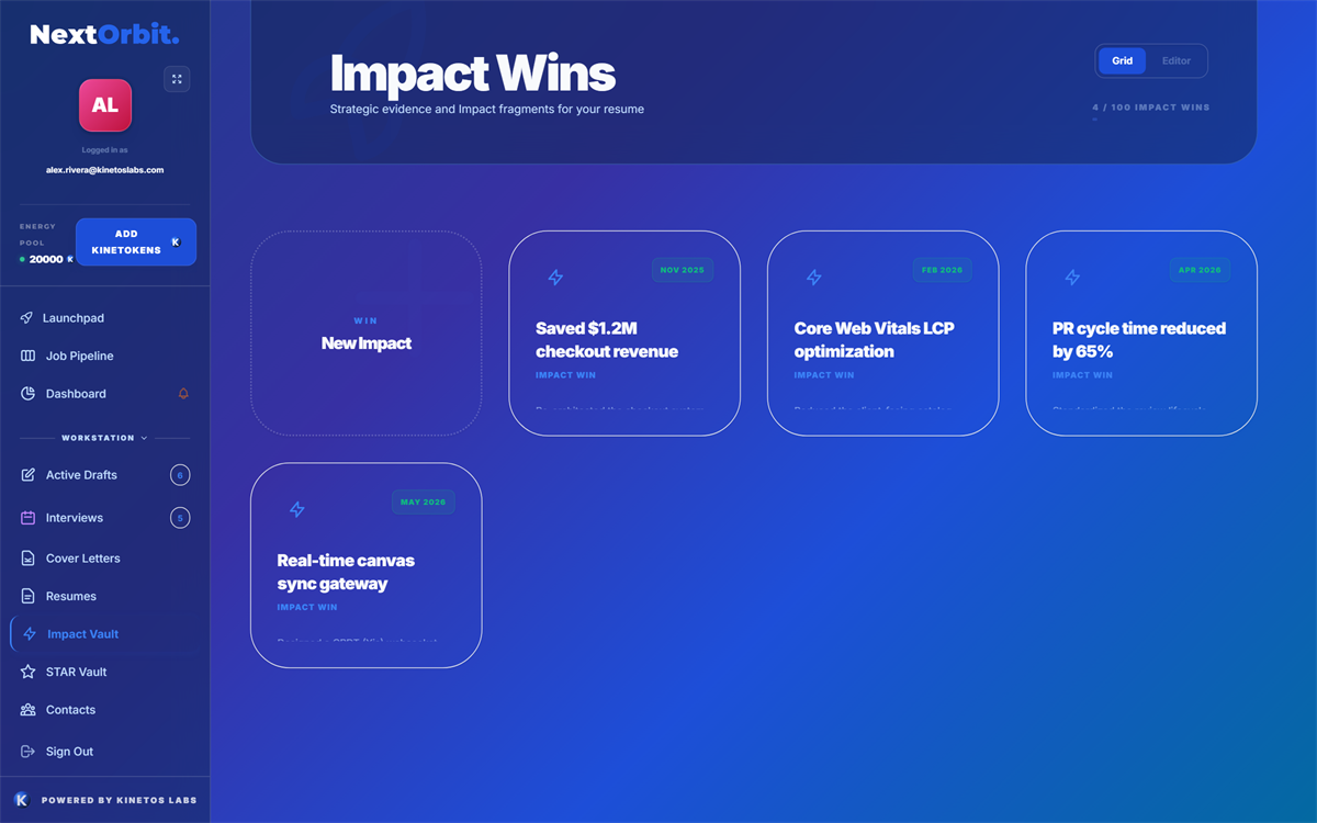 NextOrbit Impact Wins library of saved career achievements