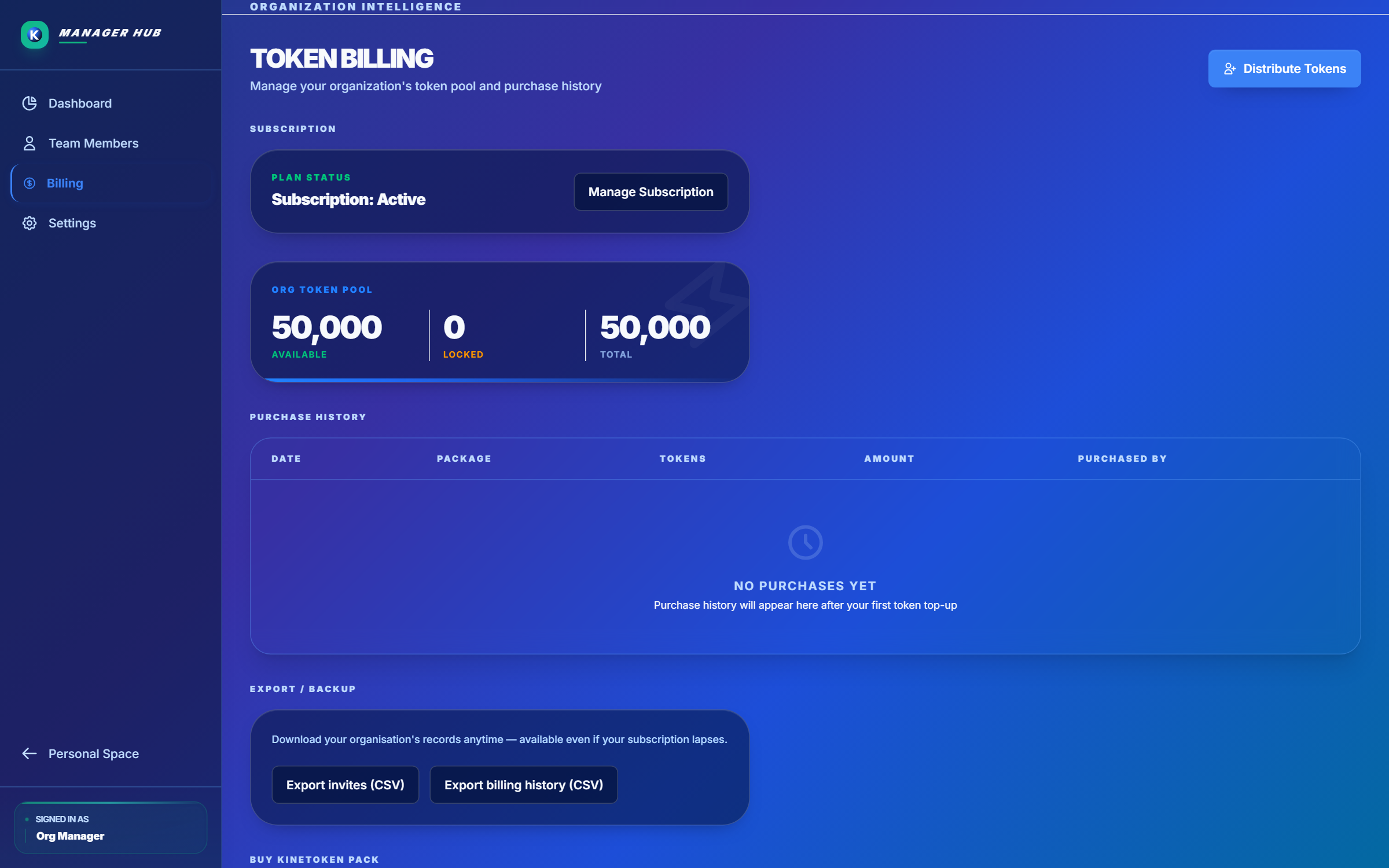 NextOrbit organisation billing and Kinetoken allocation controls.