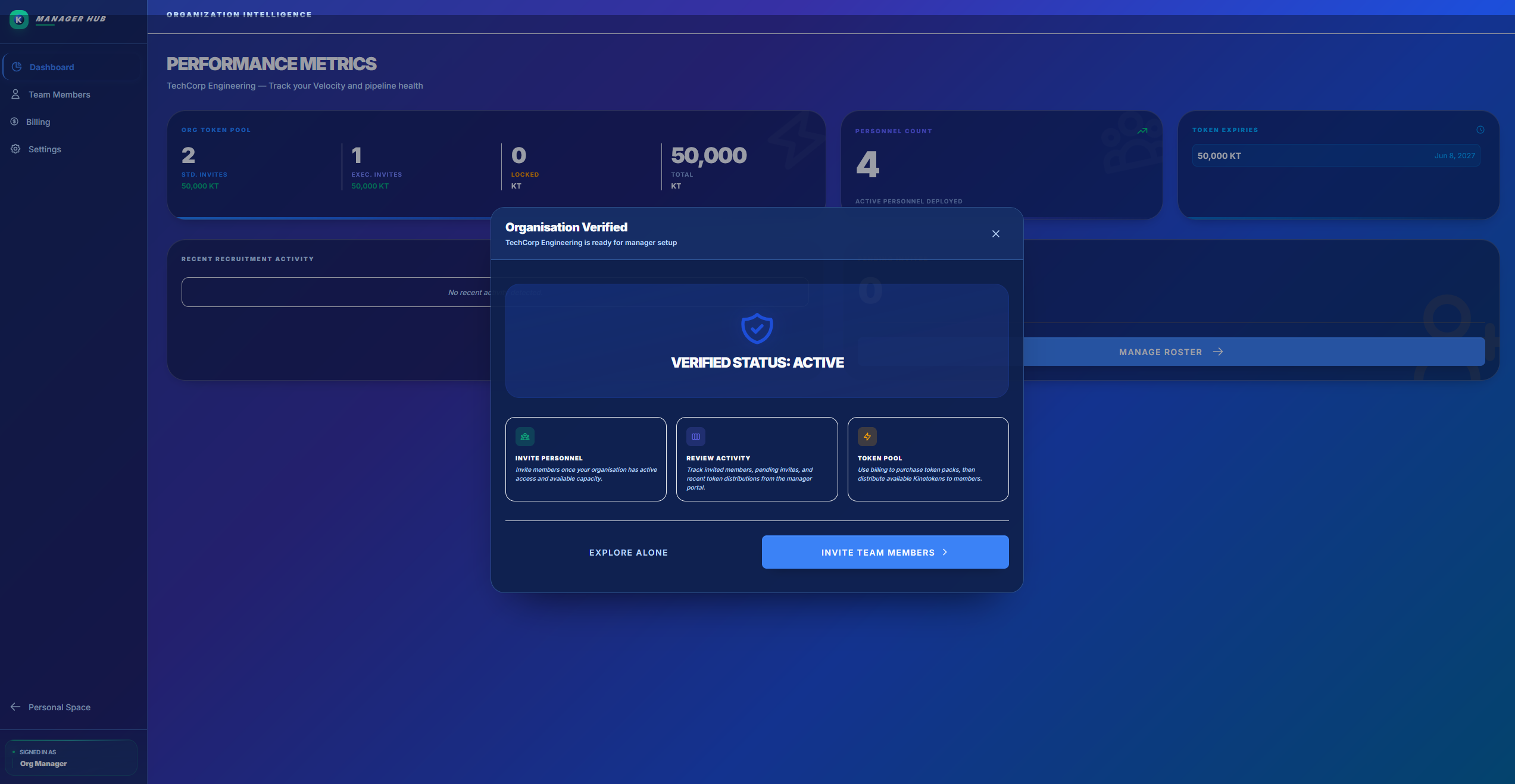 NextOrbit Manager Hub showing an Organisation Verified status for a career-transition program.