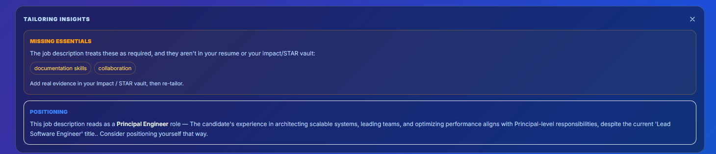 NextOrbit tailoring insights listing missing essentials and positioning advice for a role.